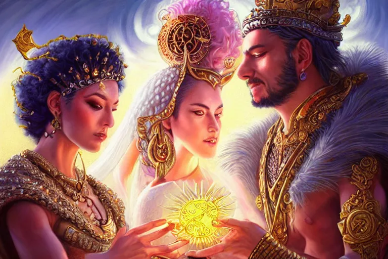 Image similar to close up moment of a divine a sun god and a moon goddess lovers magician at a wedding banquet, highly detailed, d & d, fantasy, highly detailed, digital painting, trending on artstation, concept art, sharp focus, illustration, art by artgerm and greg rutkowski and magali villeneuve