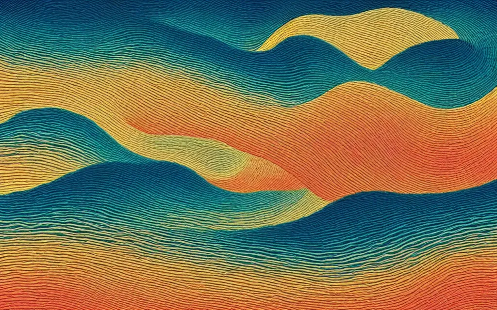 Prompt: a beutiful sunset on a beach, fractal waves. japanese embroidery. retro minimalist art by jean giraud.