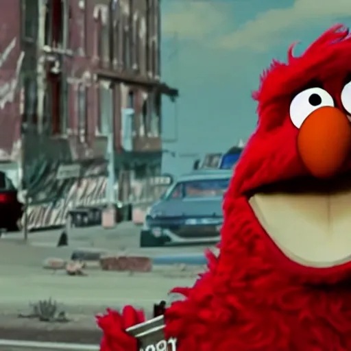 Image similar to film still of elmo as a rough looking cop on the beat trying to take down the bad guys