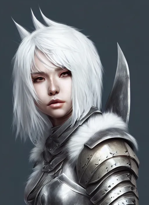 Prompt: warrior, fur - lined armor!!! beautiful and gorgeous white haired female!! monster hunter!! character concept art, sharp focus, octane render! unreal engine 5! highly rendered!! trending on artstation!! detailed linework!! illustration by artgerm, wlop, and chie yoshii