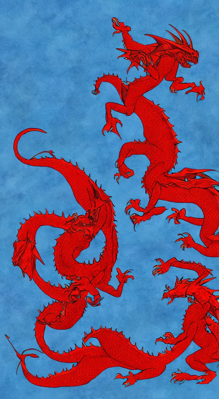 Image similar to a red dragon fighting a blue dragon with mountains in the background