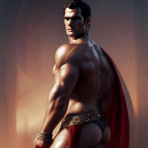 Image similar to Henry Cavill is a roman gladiator, gorgeous, amazing, muscular, silk, intricate, elegant, thighs, highly detailed, digital painting, artstation, concept art, sharp focus, illustration, by greg rutkowski