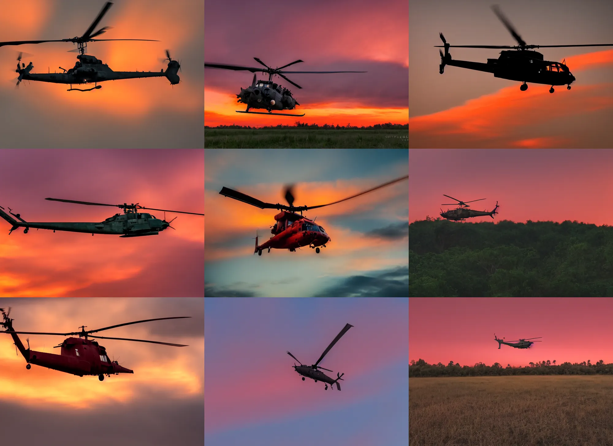 Prompt: photo still of a vietnam war helicopter flying in a red sky, 8 k, studio lighting bright ambient lighting key light, 8 5 mm f 1. 8