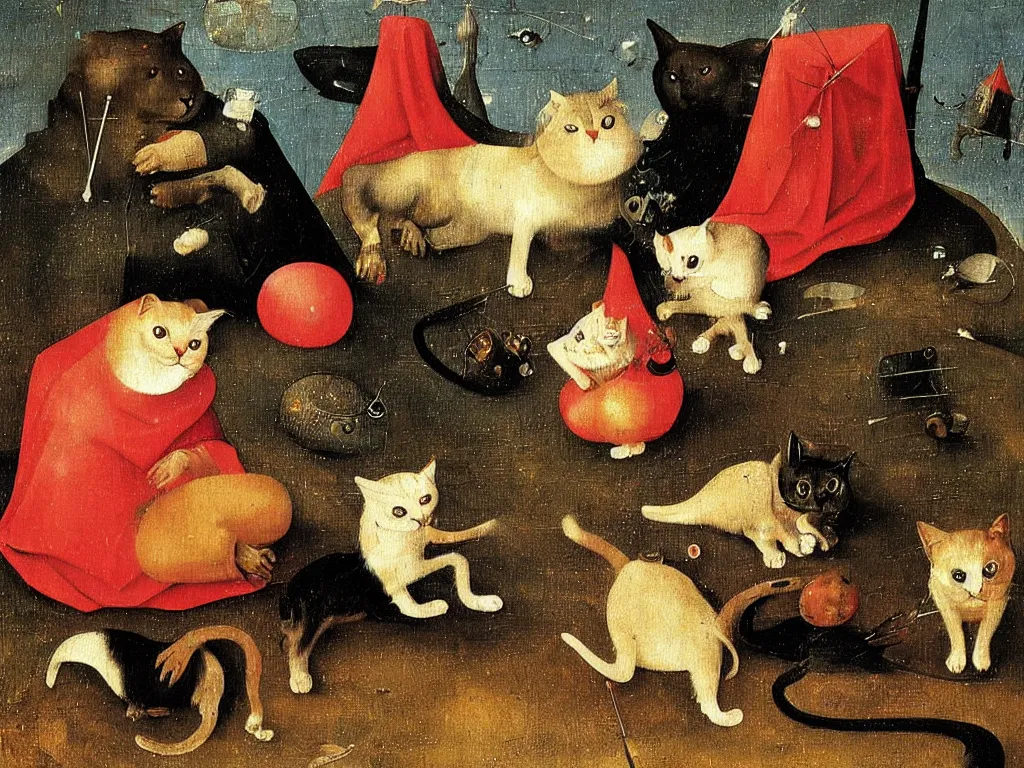 Prompt: Beautiful painting of the friendship of a cat and dog by Hieronymus Bosch