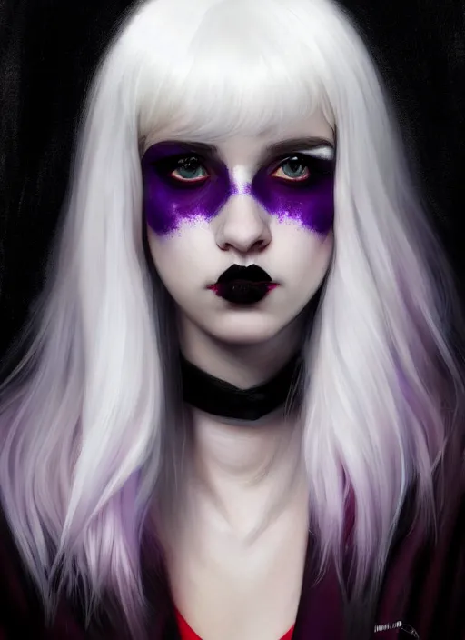 Image similar to portrait of white teenage girl, normal face, white bangs, mall goth, cyberlox, black and white hair, bangs, fluffy bangs, red contact lenses, purple lipstick, intricate, elegant, highly detailed, digital painting, artstation, concept art, sharp focus, smooth, illustration, art by wlop, mars ravelo and greg rutkowski