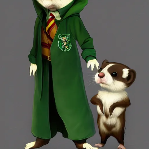 Image similar to a anthropomorphic ferret is dressed as a hogwarts student in slytherin robes, hyperdetailed, artstation, cgsociety, 8 k