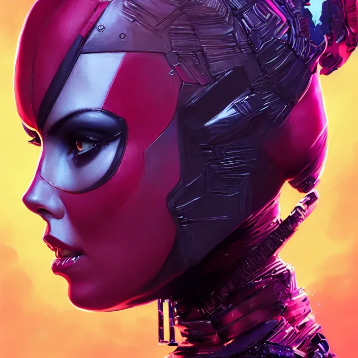 Image similar to charlize theron as lady deadpool. intricate abstract. intricate artwork. by tooth wu, wlop, beeple, dan mumford. octane render, trending on artstation, greg rutkowski very coherent symmetrical artwork. cinematic, hyper realism, high detail, octane render, 8 k, iridescent accents