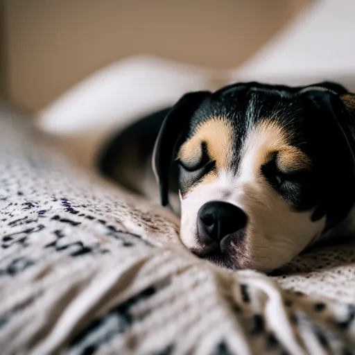 Image similar to a sleepy puppy in bed, resting on a pillow, Sigma 50mm f/1.4