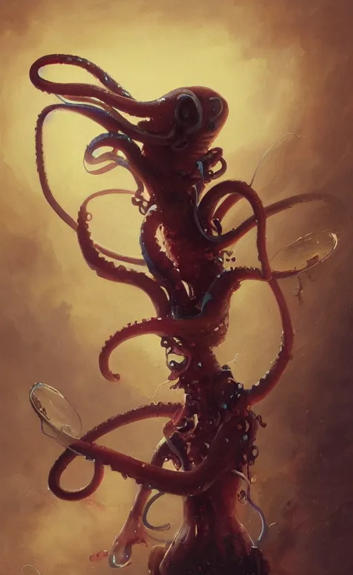 Prompt: a painting of a squid banging the drums with its tentacles, by greg rutkowski, featured on artstation