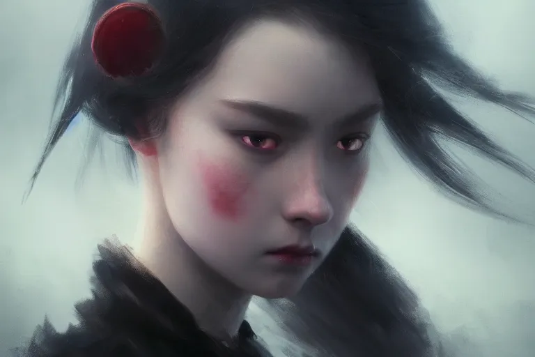 Image similar to Portrait of Angry girl, dark makeup, of dark crown with magical ruby, painting by Studio Ghibli, Ivan Aivazovsky and Greg Rutkowski, artstation, fantasy, intricate, beautiful, cinematic, octane render, arnold render, 8k, hyper realism, detailed, sharp focus, 4k uhd, masterpiece, award winning