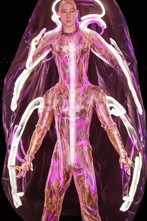 Prompt: full-body baroque and cyberpunk glass sculpture of attractive muscular see-through Nick Jonas as a humanoid deity wearing a thin see-through plastic hooded cloak sim roupa, posing like a superhero, glowing pink face, crown of white lasers, large diamonds, swirling black silk fabric. futuristic elements. oozing glowing liquid, full-length view. space robots. human skulls. throne made of bones, intricate artwork by caravaggio. Trending on artstation, octane render, cinematic lighting from the right, hyper realism, octane render, 8k, depth of field, 3D