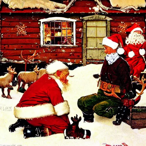 Image similar to santa's workshop at the north pole with elves working on toys and reindeer in the background, norman rockwell, warm colors, high detail, vintage