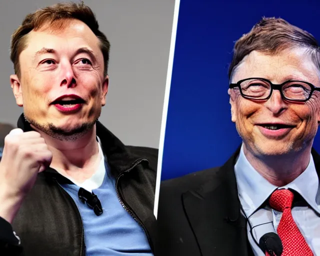 Prompt: elon musk and bill gates drunk fist fighting in the streets of volgograd