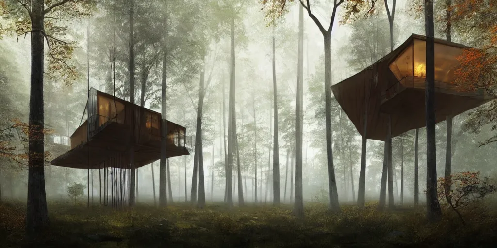 Prompt: real treehouses, on stilts, made of staked container with glass windows, modernist, mysterious forest, autumn, atmospheric, misty, smoky atmosphere, some rays of light, cgsociety, oil on canvas, masterpiece, cinematic composition, hyper - detailed, hd, hdr, 8 k, by ruan jia, michael komarck, greg rutkowski