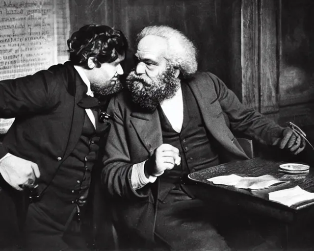 Image similar to karl marx chatting with aristotle in a bar, professional photography nighttime, noir photo, golden lights, calm feeling