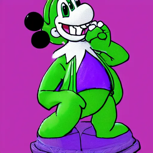 Image similar to anthropomorphic light green yoshi wearing a purple jacket, black shirt, purple skirt, purple heels, nintendo