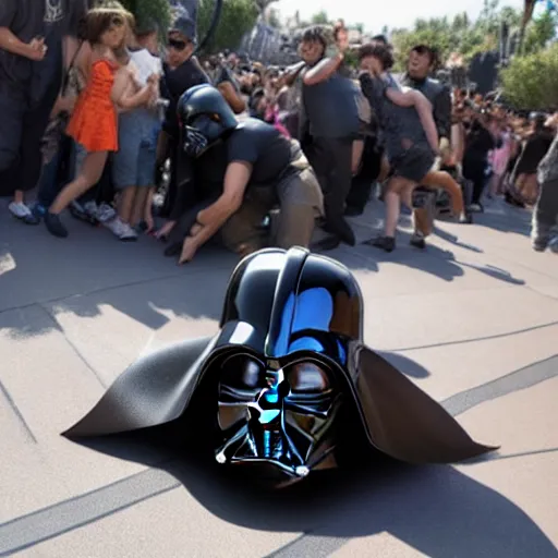 Prompt: darth vader trips and falls down in front of a crowd in star wars land at disneyland, real life, high quality photo