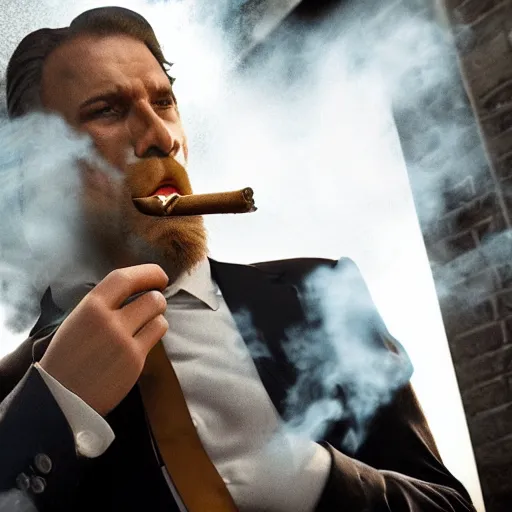 Image similar to a lion smoking a cigar wearing a suit, subject= lion, subject detail: wearing a suit, subject action: smoking a cigar, dramatic lighting, cinematic lighting, establishing shot, photorealistic, high details, cinematic, 8k resolution, extremly detailed, photorealistic, artstation, unreal engine