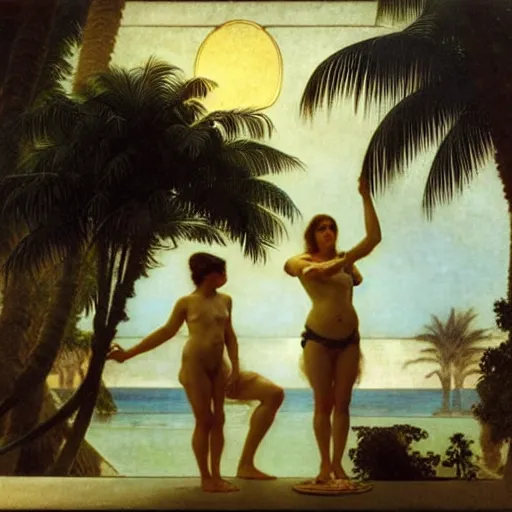 Image similar to Silhouette of two girls at the palace, thunderstorm, greek pool, beach and palm trees on the background major arcana sky, by paul delaroche, alphonse mucha and arnold böcklin arnold böcklin hyperrealistic 8k, very detailed