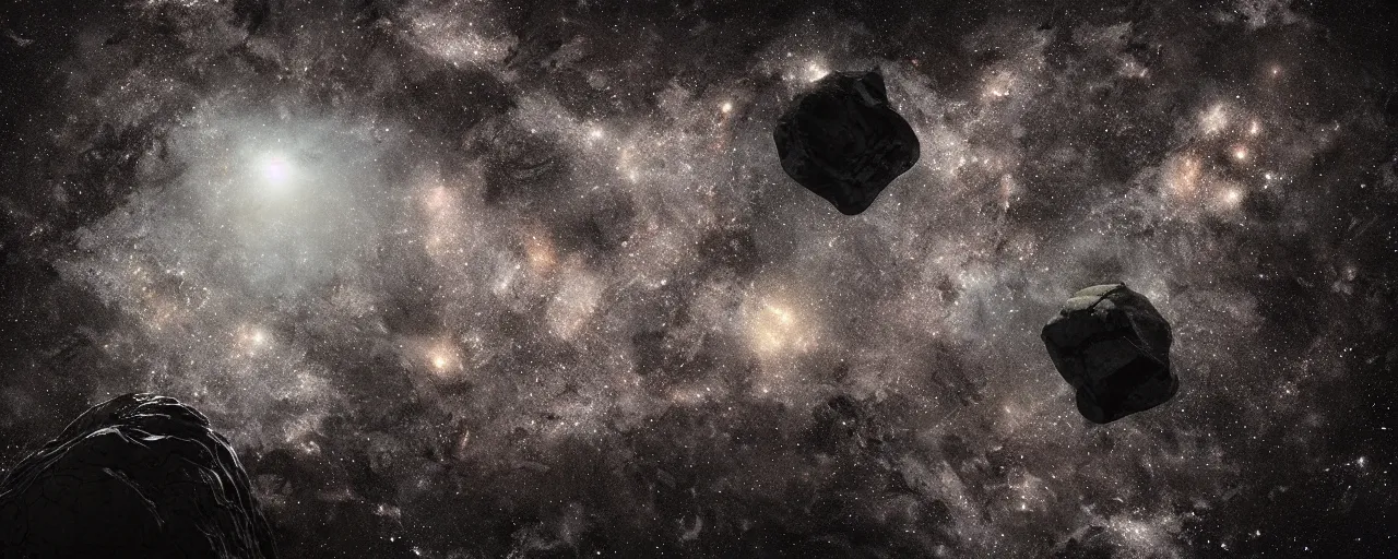 Image similar to ” giant rock in a deep black space with stars, [ cinematic, detailed, epic, widescreen, opening, establishing, mattepainting, photorealistic, realistic textures, octane render ] ”