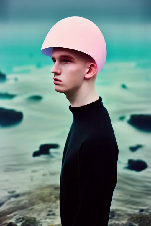 Image similar to high quality pastel coloured film mid angle portrait photograph of a beautiful young 2 0 year old male, soft features, short hair, perspex space visor and oversized inflated clothing!!!! icelandic black! rock pool environment. atmospheric three point light. photographic. art directed. ( pastel colours ). volumetric. clearcoat. waves. 8 k. filmic.