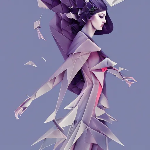 Image similar to 3 / 4 view of a beautiful girl wearing an origami dress, eye - level medium shot, elegant, givenchy, by peter mohrbacher, centered, fresh colors, origami, fashion, detailed illustration, vogue, high depth of field, japanese, reallusion character creator