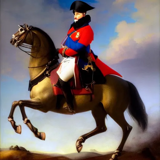 Image similar to Napoleon Bonaparte on his new electric scooter by Jeremy Lipkin and Giuseppe Dangelico Pino, oil on canvas, epic pose, cinematic, poster, 8k