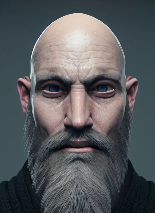 Image similar to portrait of a bald wizard with long white beard, tattoo around one eye, perfect facial symmetry + dim volumetric lighting, 8k octane beautifully detailed render, post-processing, extremely hyperdetailed, intricate, epic composition, grim yet sparkling atmosphere, cinematic lighting + masterpiece, trending on artstation