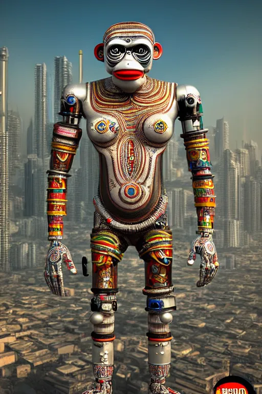 Image similar to high quality 3 d render happy cyborg! man monkey hybrid madhubani, highly detailed, cyberpunk!! mumbai in the background, unreal engine cinematic smooth, szukalski ravi varma, moody light, low angle, uhd 8 k, sharp focus