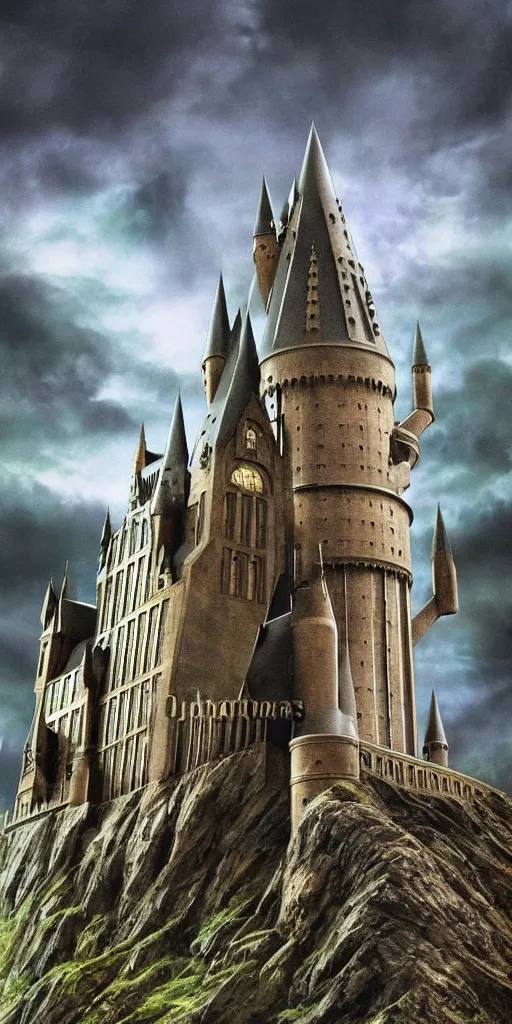 Image similar to Hogwarts in the middle of a dark airy land in the Harry Poter world, hyper realistic, landscape, nature