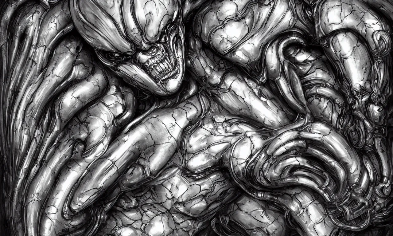 Image similar to engineer prometheus face by Artgerm, xenomorph alien, highly detailed, symmetrical long head, smooth marble surfaces, detailed ink illustration, raiden metal gear, cinematic smooth stone, deep aesthetic, concept art, post process, 4k, carved marble texture and silk cloth, latex skin, highly ornate intricate details, prometheus, evil, moody lighting, hr geiger, hayao miyazaki, indsutrial Steampunk