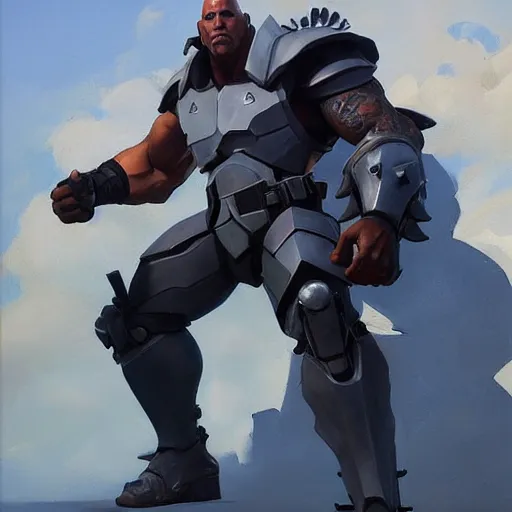 Image similar to greg manchess portrait painting of armored the foundation aka dwayne the rock johnson from fortnite as overwatch character, medium shot, asymmetrical, profile picture, organic painting, sunny day, matte painting, bold shapes, hard edges, street art, trending on artstation, by huang guangjian, gil elvgren, ruan jia, greg rutkowski, gaston bussiere