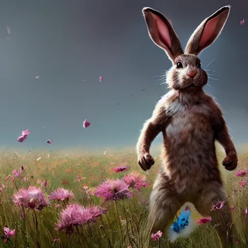 Prompt: A werebunny transforming in a field of flowers. Academic painting by Greg Rutkowski, Mobile still frame. 4K UHD