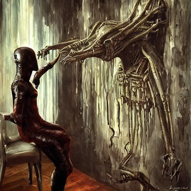 Image similar to a strange creature greeting a female explorer in a dining room, haunted house, masterpiece, detailed human face, rhads!!!, magical realism, urban fantasy, a hooded figure, a fierce woman, ( h. r. giger )