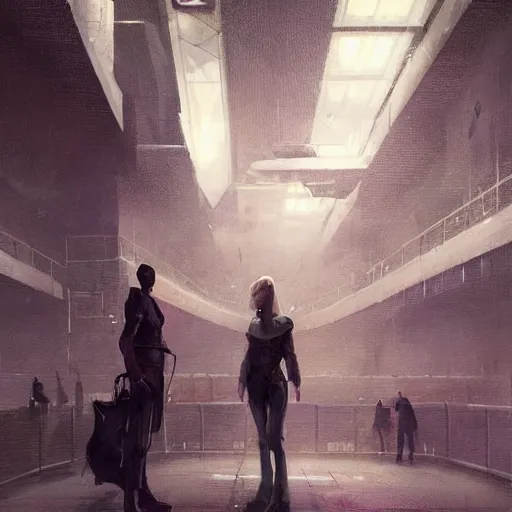 Image similar to concept art by greg rutkowski, a very tall, and slender woman with blond hair, talking with a very tall and slender mand with short black hair, brutalist futuristic interior, dark lighting atmosphere, detailed portraits, nostalgic atmosphere, scifi, digital painting, artstation, concept art, smooth, sharp foccus ilustration, artstation hq