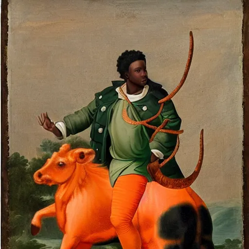 Image similar to photograph of a black man with afro hair wearing an army green adidas jacket riding an orange colored bull!!, renaissance style painting