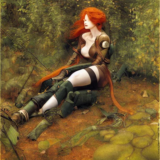 Image similar to beautiful female cyborg with auburn hair, lounging in the Marian forest at dusk, by Edgar Maxence and Ross Tran and Michael Whelan and Gustav Klimpt