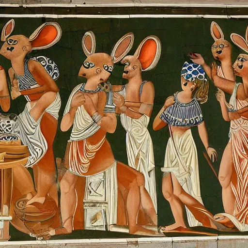 Prompt: an ancient greek mural of rabbits partying