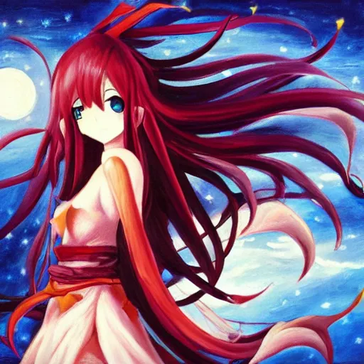 Image similar to oil painting of a long hair anime woman ELF dancing in the moonlight l Trending on Pixiv