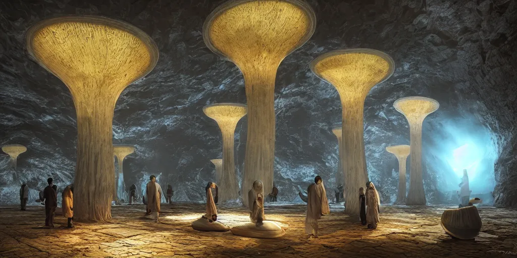 Image similar to Photorealistic exterior of Istiqlal mosque bulit in giant glowing mushroom underworld dark cave, people and androids wearing traditional japanese clothing. photorealism, UHD, amazing depth, glowing, golden ratio, 3D octane cycle unreal engine 5, volumetric lighting, cinematic lighting, cgstation artstation concept art