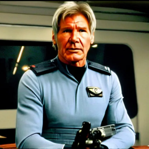 Prompt: A still of Harrison Ford as Commander Adama in Battlestar Galactica (2003) wearing a dark blue uniform, a Cylon is in the background