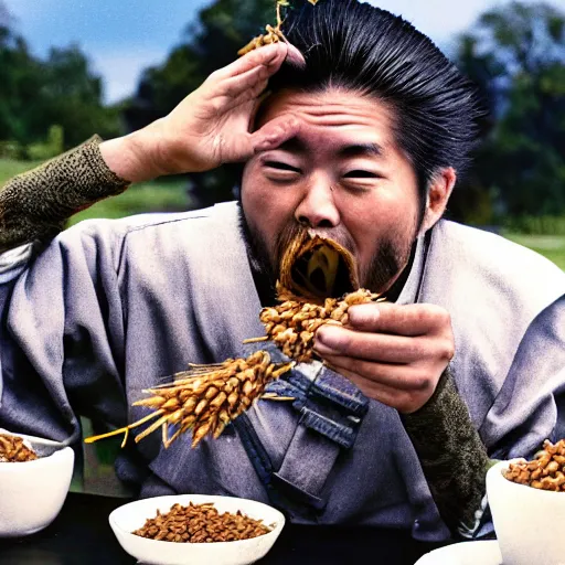 Image similar to battle-weary samurai eating king wheat cereal as missiles fly overhead