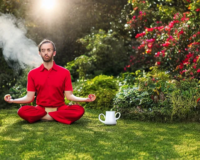 Prompt: mr robert is drinking fresh tea, smoke pot and meditate in a garden from spiral mug, detailed glad face, power arms, golden hour closeup photo, red elegant shirt, eyes wide open, ymmm and that smell