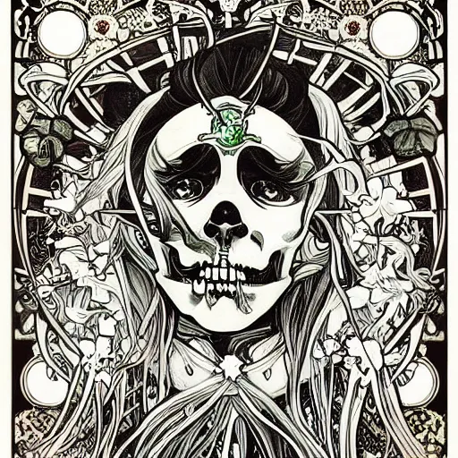 Prompt: anime manga skull portrait angel angelic cartoon skeleton illustration style by Alphonse Mucha pop art nouveau