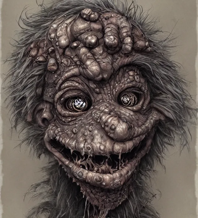 Prompt: hyper realistic portrait of postapocalyptic muppet show monster goblin, cinematic, symmetric, jean baptiste monge, scott radke