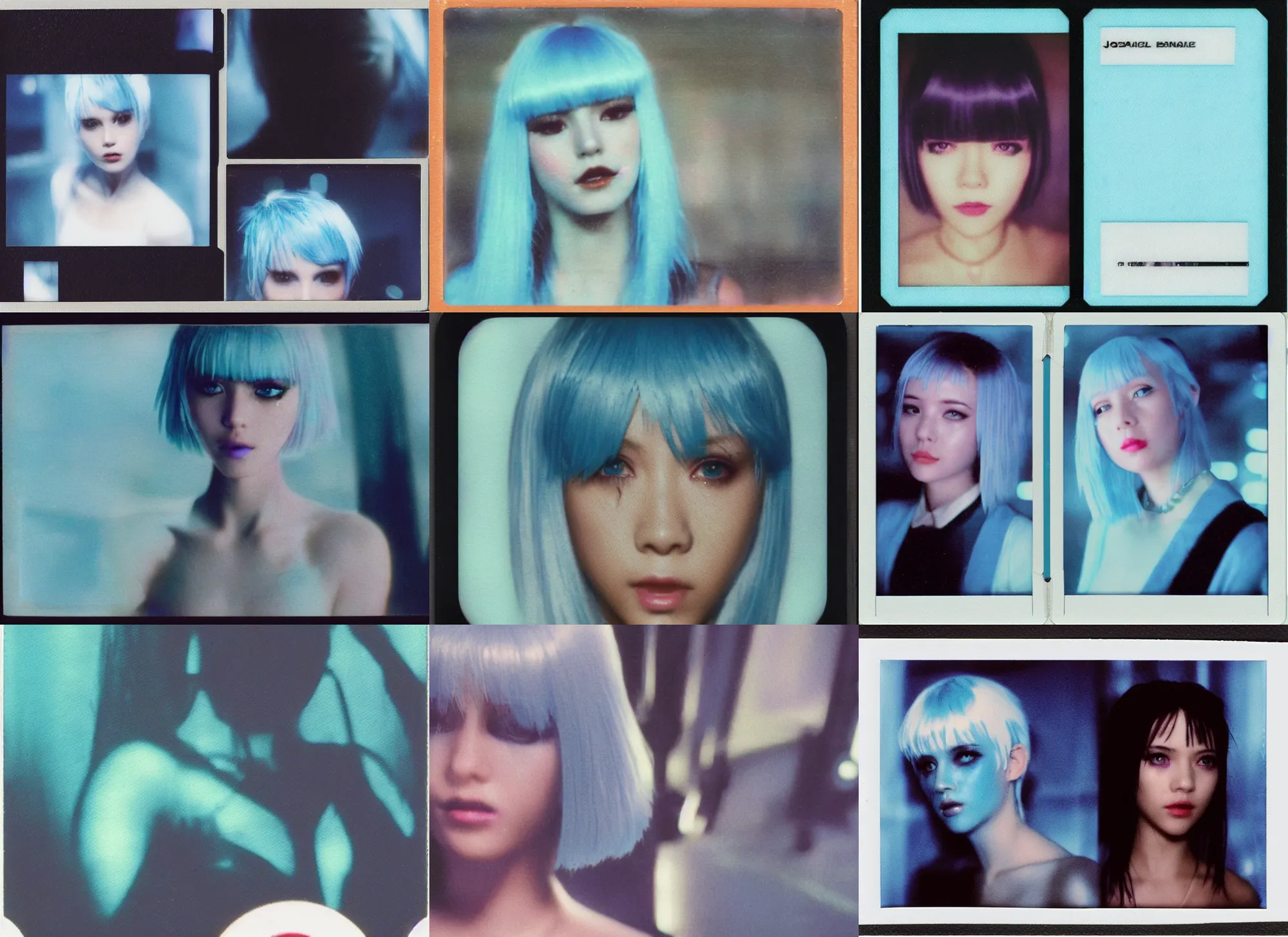 Prompt: an aesthetic polaroid hologram of joi the short light blue haired girl with black eyes from blade runner