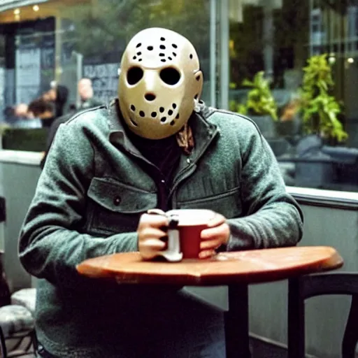 Image similar to photograph of jason voorhees having a coffee at an european caffé