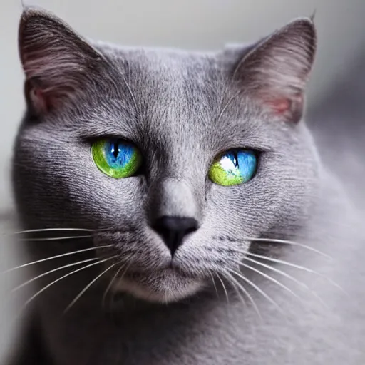 Prompt: a gray cat with a white patch and light blue eyes