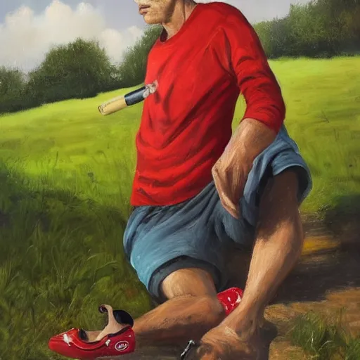 Image similar to a man in cheap and red used sportswear. he is smoking a cigarette. he is sitting on a dead dog. he is on the side of the road. he is wearing slippers. it is a rural scene, in poor village, dramatic lighting, hyper detailed, surreal, hyperrealism, oil painting