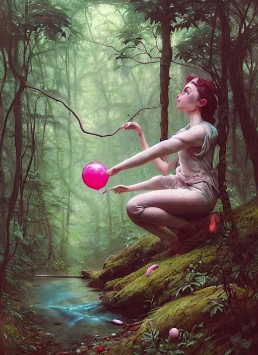 Image similar to bubblegum in the woods by a stream, river gorgeous lighting, lush forest foliage blue sky a hyper realistic painting by chiara bautista and beksinski and norman rockwell and greg rutkowski, tom bagshaw weta studio, and lucasfilm